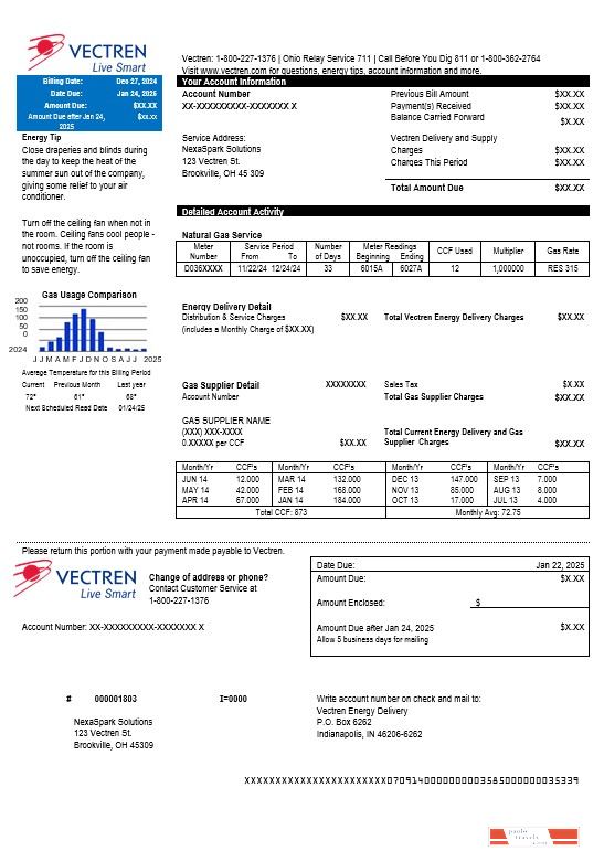 USA Ohio Vectren Energy business utility bill template in Word and PDF formats